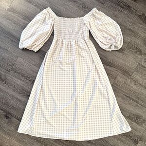 Sokie Collective Elegant Off-Shoulder Gingham Midi Dress Medium Puff Sleeves